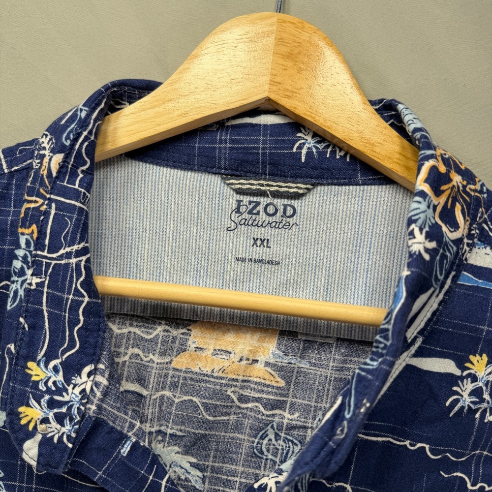 Izod Saltwater Shirt Mens 2XL Blue Button Up Short Sleeve Hawaiian Beach Camp - Picture 6 of 9